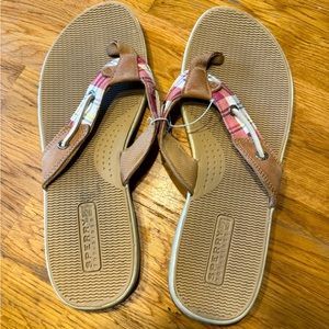 Sperry Women's 9 Flip Flop Red Blue Plaid Leather Preppy Beach Pool Casual EUC